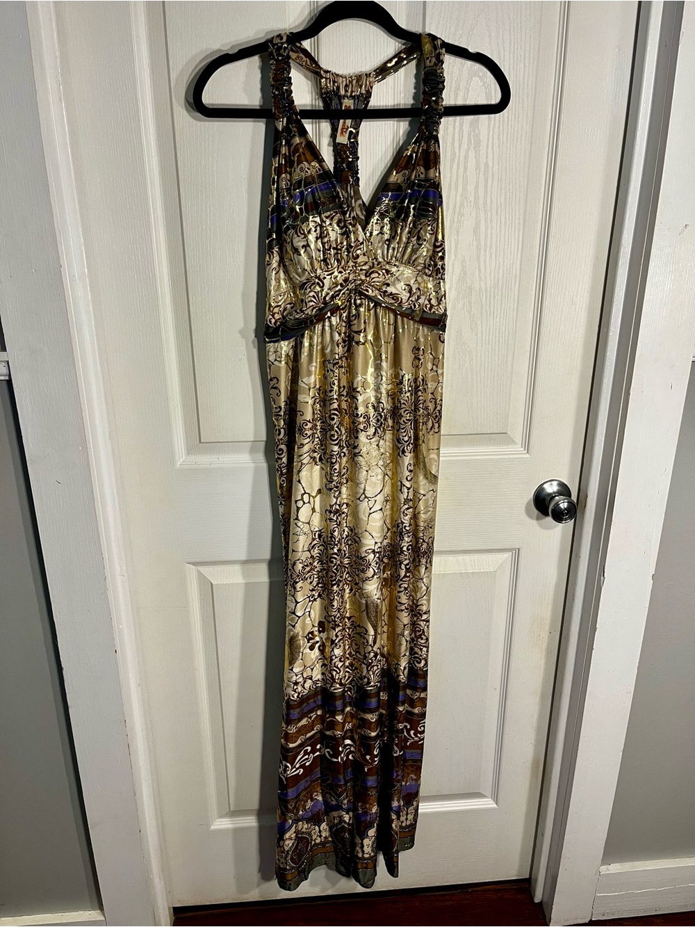 Shoreline Bohemian Printed Halter Maxi Dress - Beige, Purple & Gold foil S/M - Picture 10 of 16
